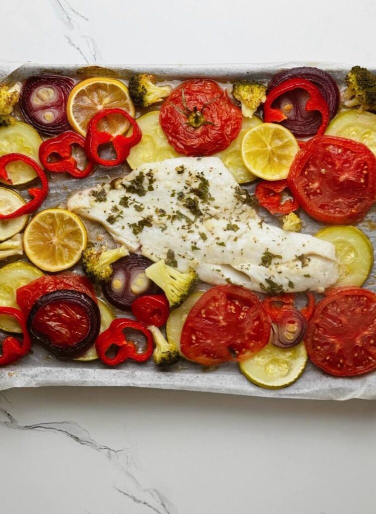 Baked cod with Mediterranean vegetables straight from the oven