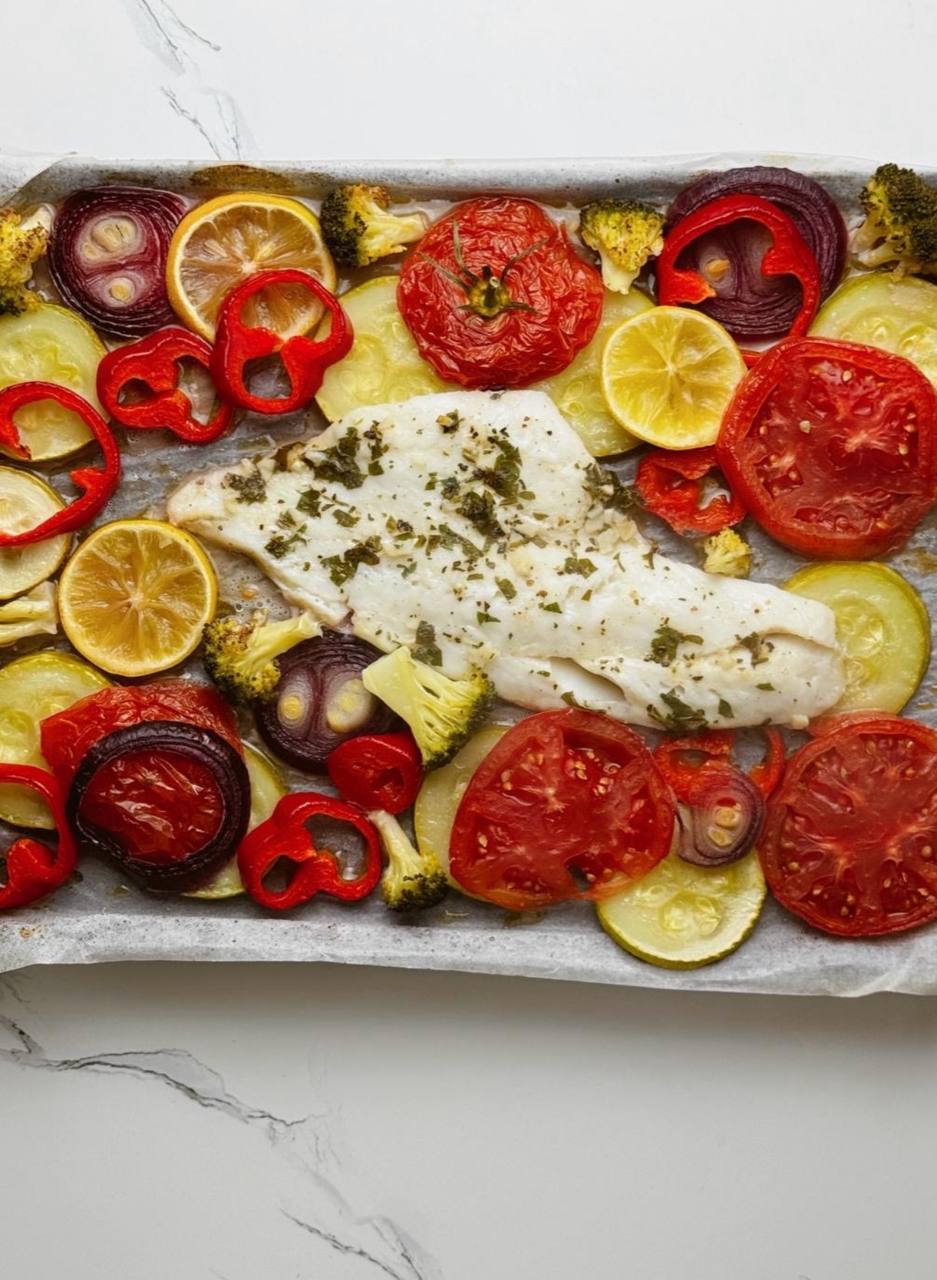 Baked cod with Mediterranean vegetables straight from the oven