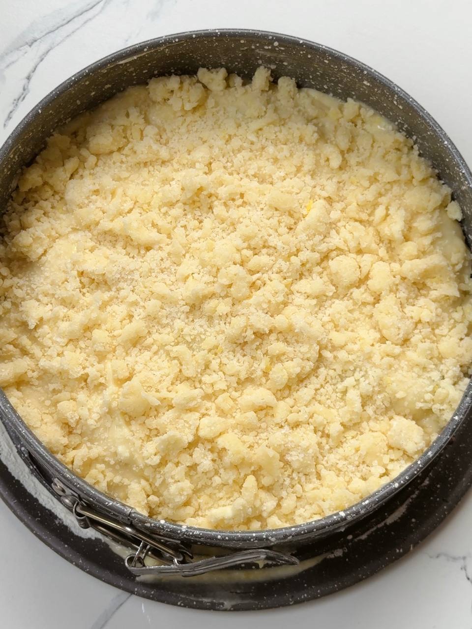 Unbaked lemon yogurt cake topped with crumble in cake pan