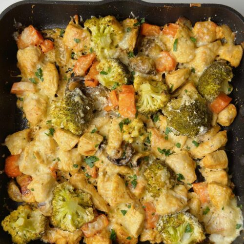 roccoli added to pan with chicken and vegetables