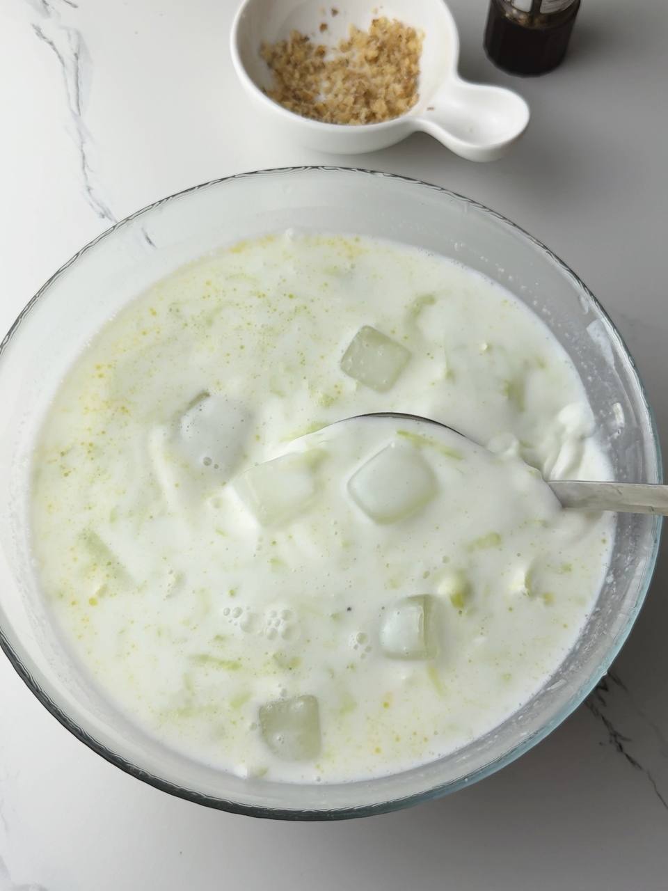 Tarator soup with ice cubes added for a refreshing chill
