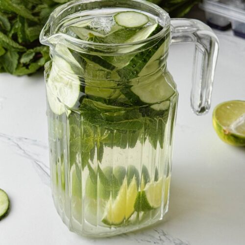 Refreshing cucumber lime water served with mint and ice