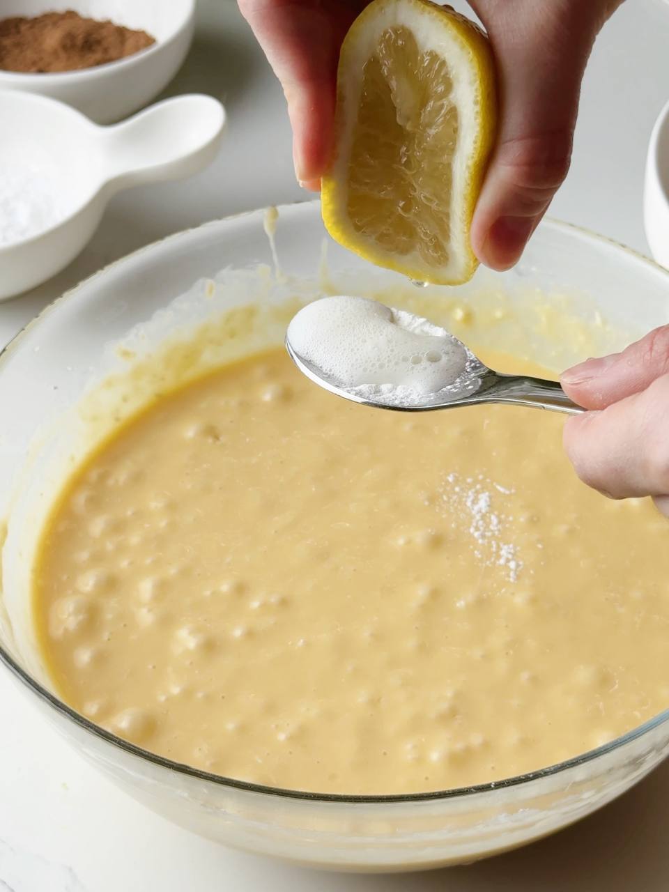 Lemon juice added to baking powder to activate it for the sponge cake.