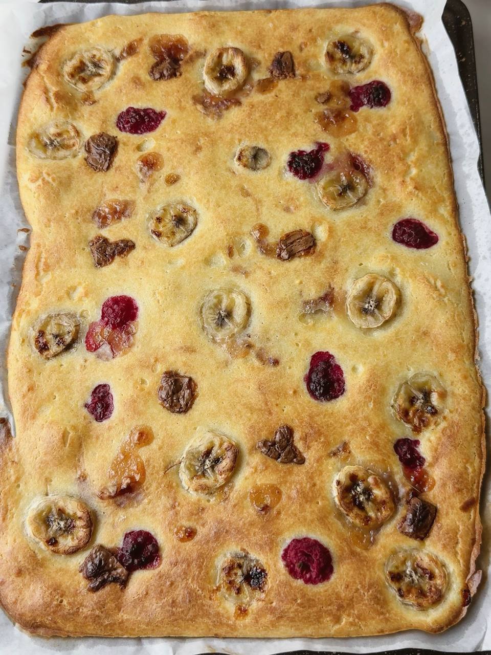 Golden baked banana pancake just out of the oven