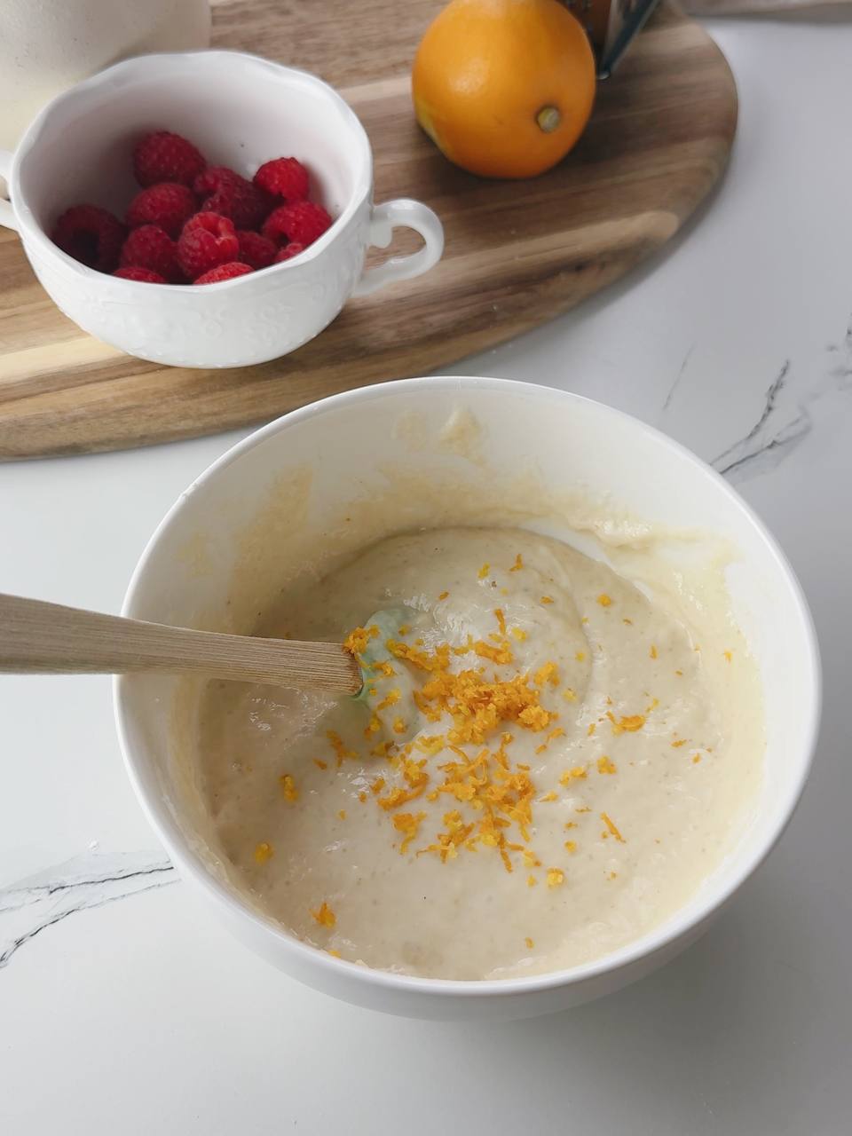 Lemon yogurt pancake batter with fresh lemon zest