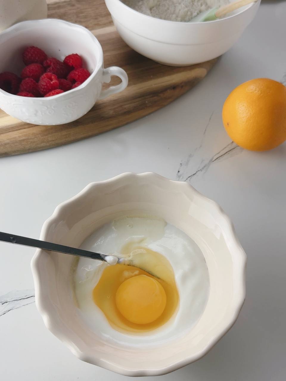 Yogurt and egg mixed together for lemon pancake batter