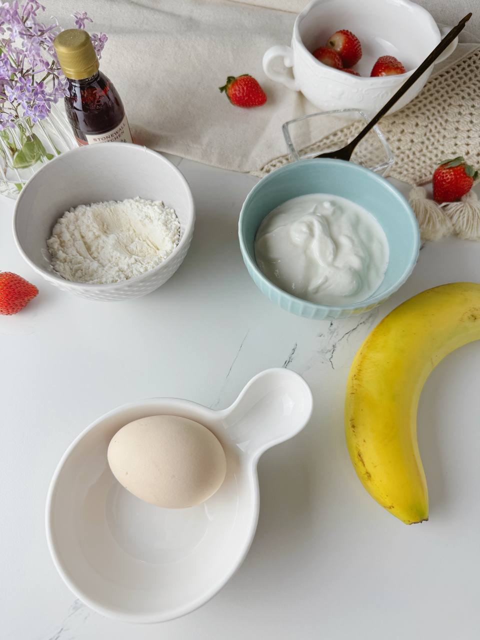 banana greek yogurt pancakes ingredients on table