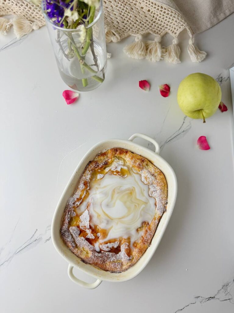 baked apple cottage cheese oatmeal bake served with maple syrup