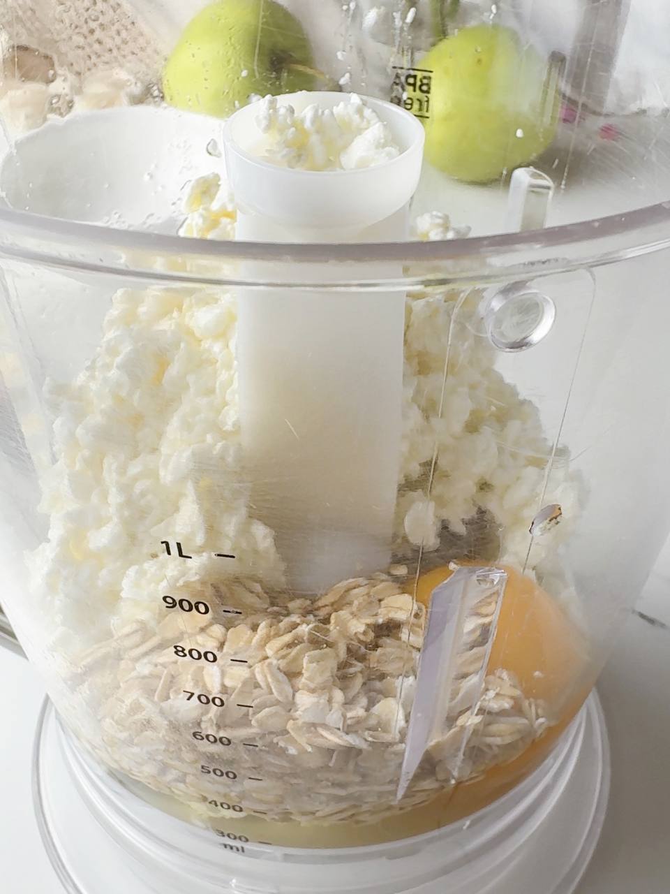 adding cottage cheese, egg, oats, and sugar to a blender