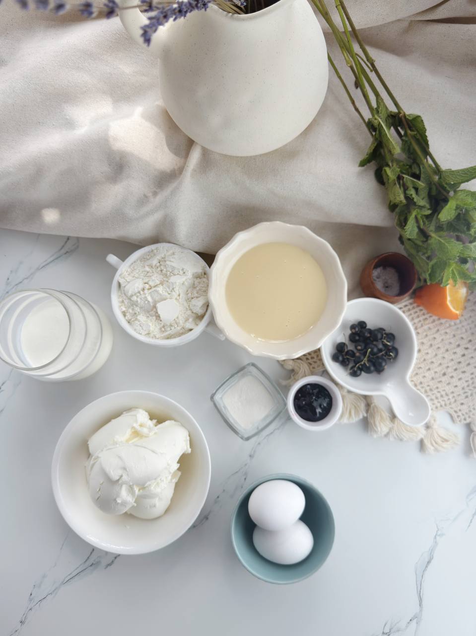 ingredients for berry roll cake with cottage cheese cream
