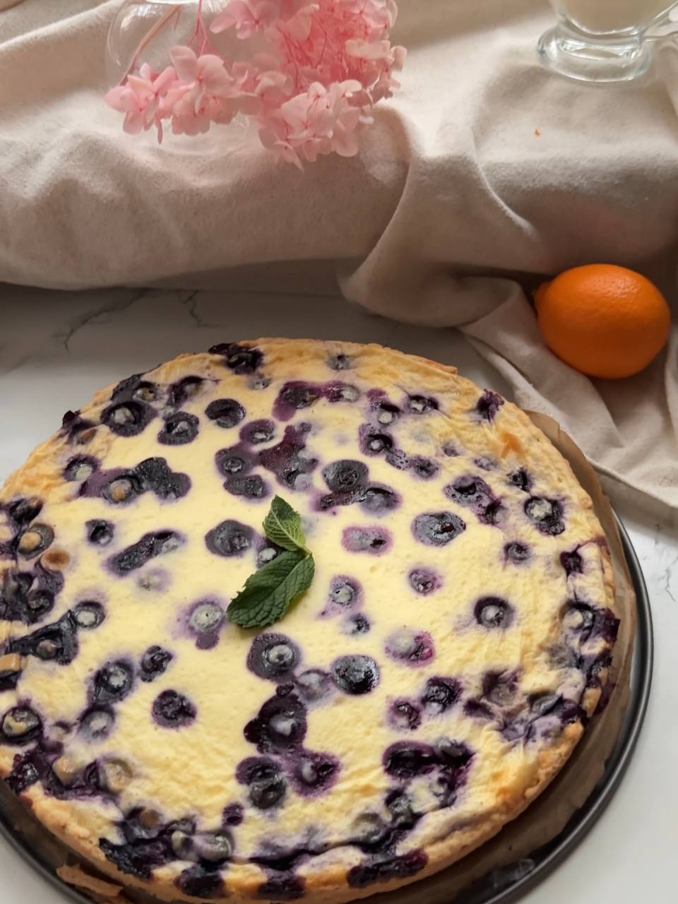 blueberry cottage cheese pie baked until golden