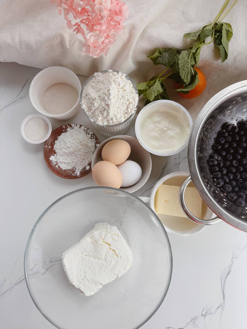 ingredients for blueberry cottage cheese pie