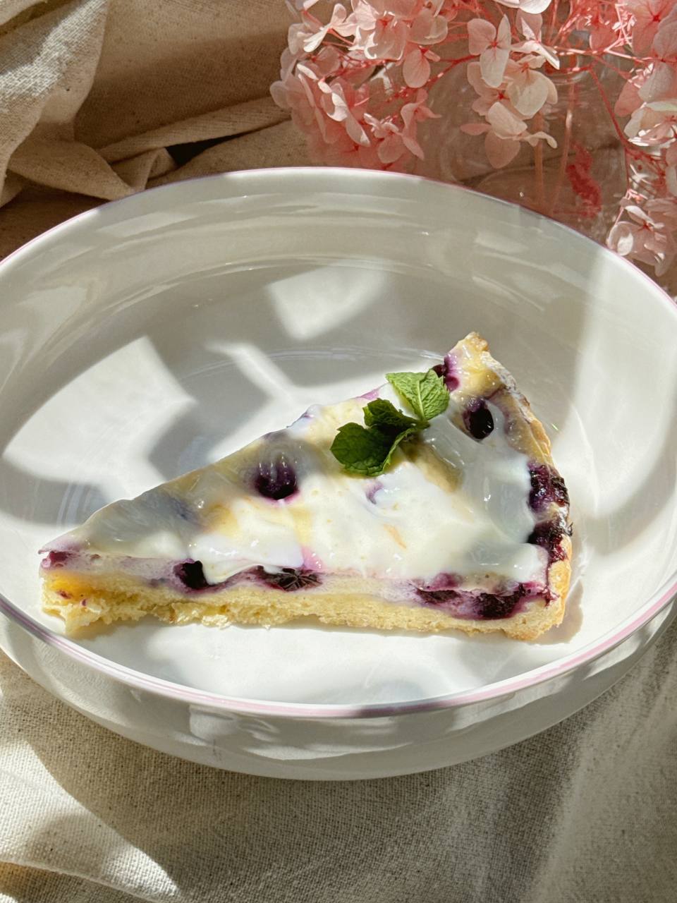 close up of blueberry cottage cheese pie with creamy filling