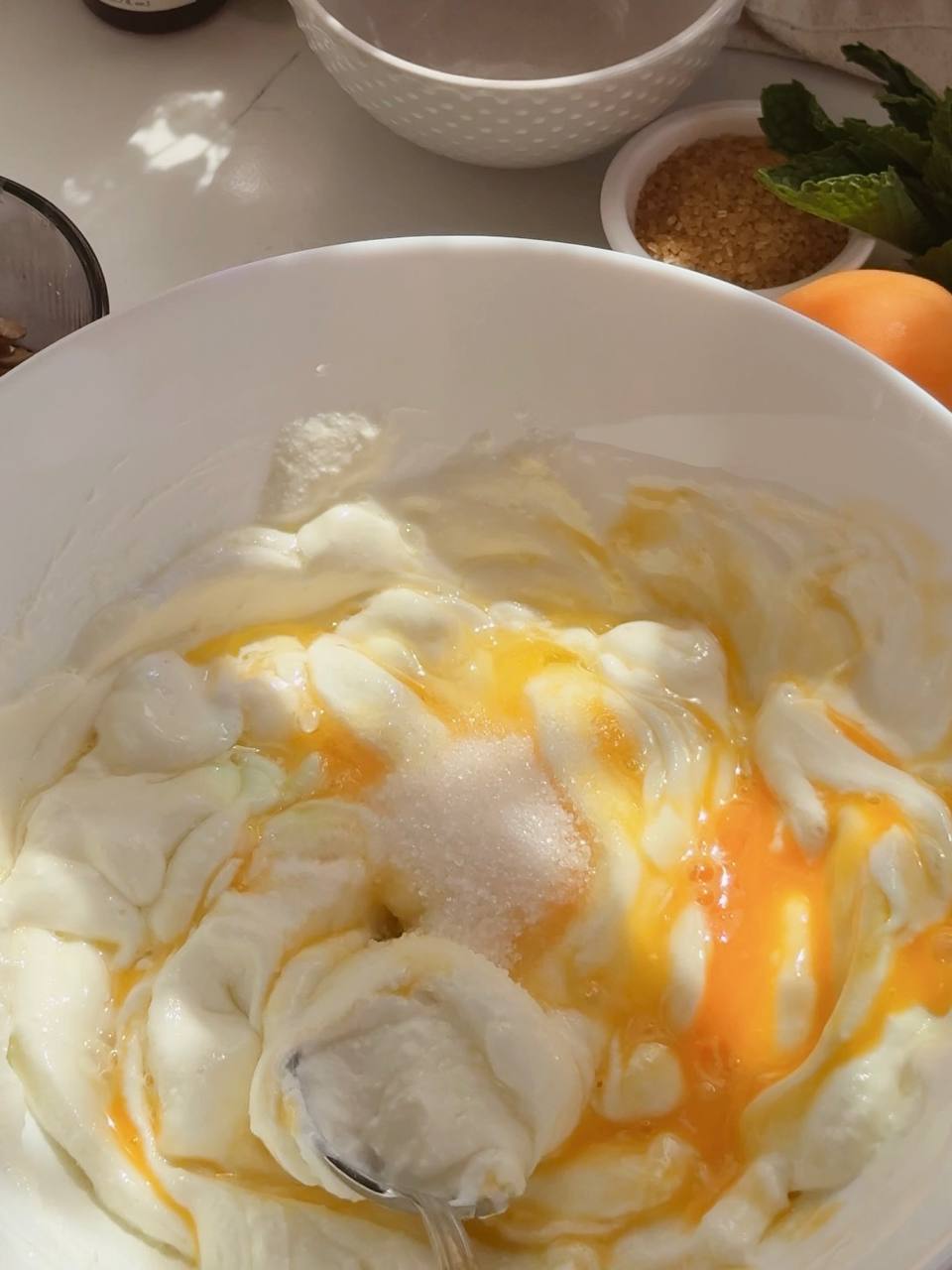 mixing cottage cheese, Greek yogurt, and egg for the filling