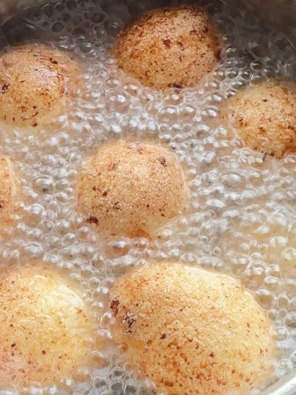 frying cottage cheese donuts until golden