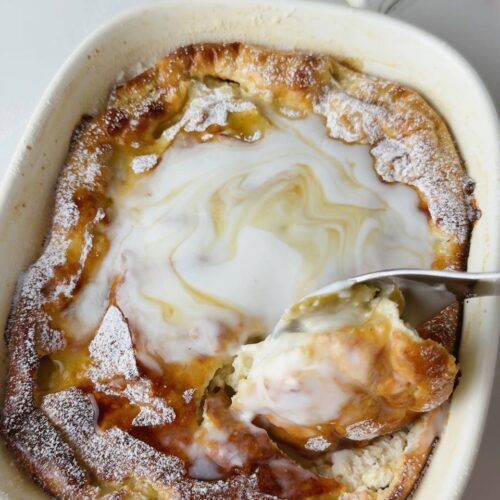 close up of a spoonful of apple cottage cheese oatmeal bake