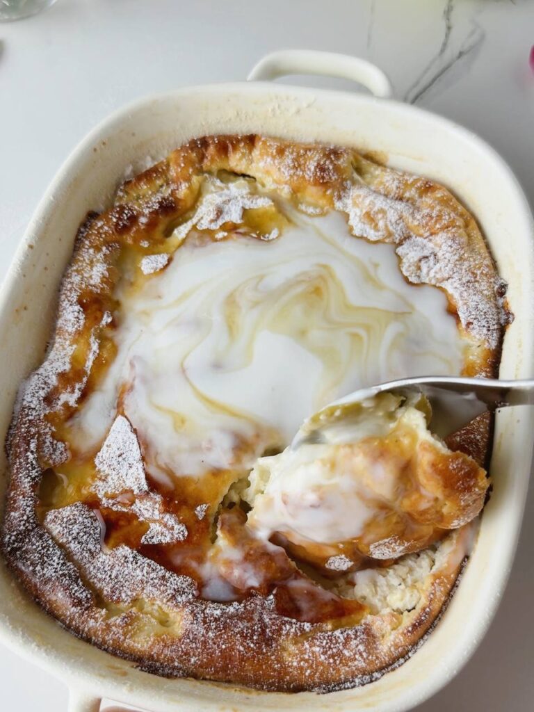 close up of a spoonful of apple cottage cheese oatmeal bake