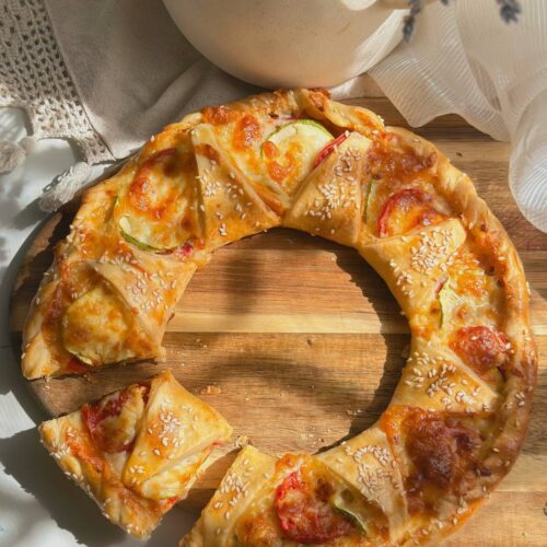 feasy zucchini puff pastry tart with mozzarella and tomatoes