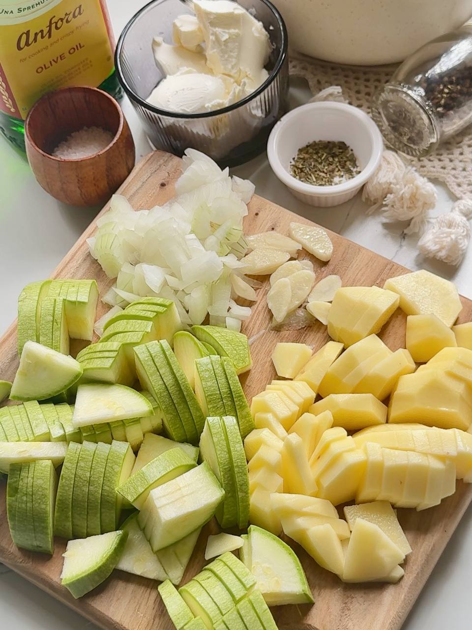 chopped zucchini, potato, onion, and garlic for the soup
