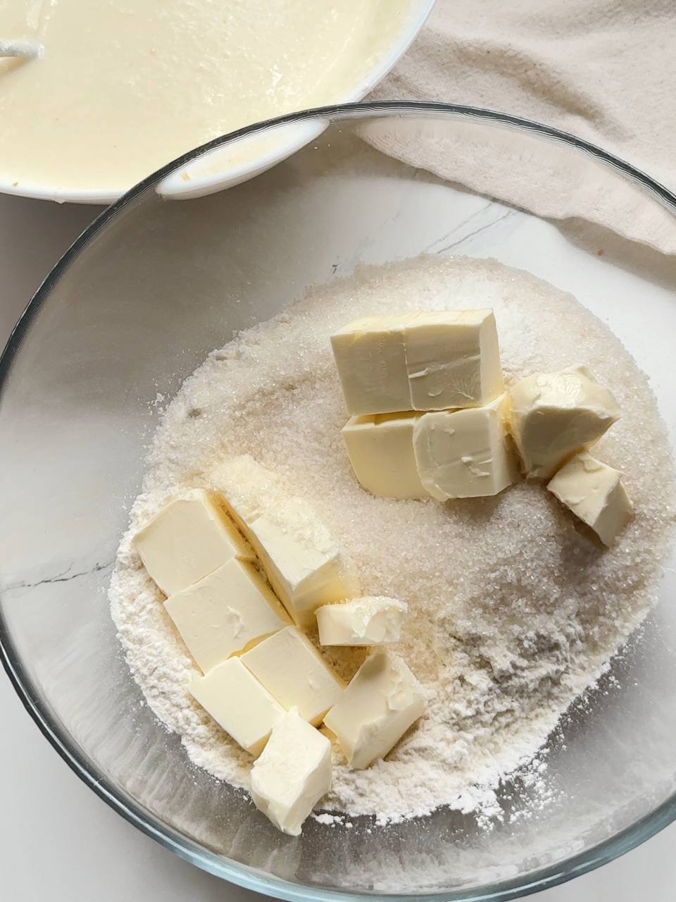 flour, sugar, baking powder, and butter for the crumble topping