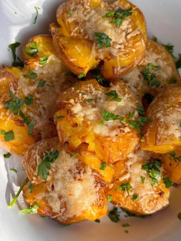 crispy smashed potatoes with Parmesan and fresh parsley
