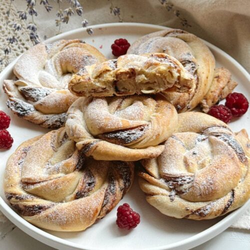 Cottage cheese buns with blackcurrant jam dusted with powdered sugar