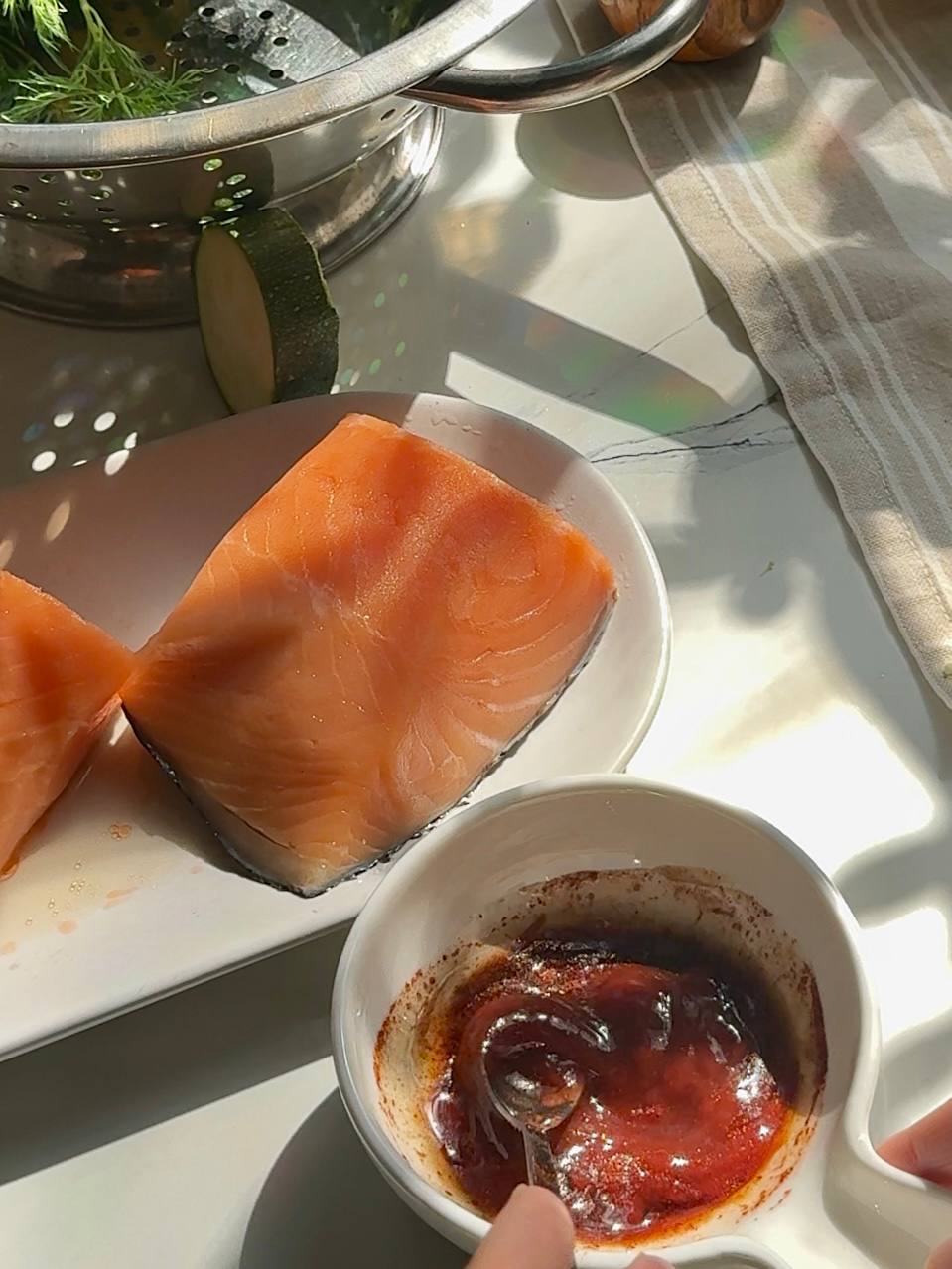 Simple ketchup and soy sauce glaze prepared for baked salmon