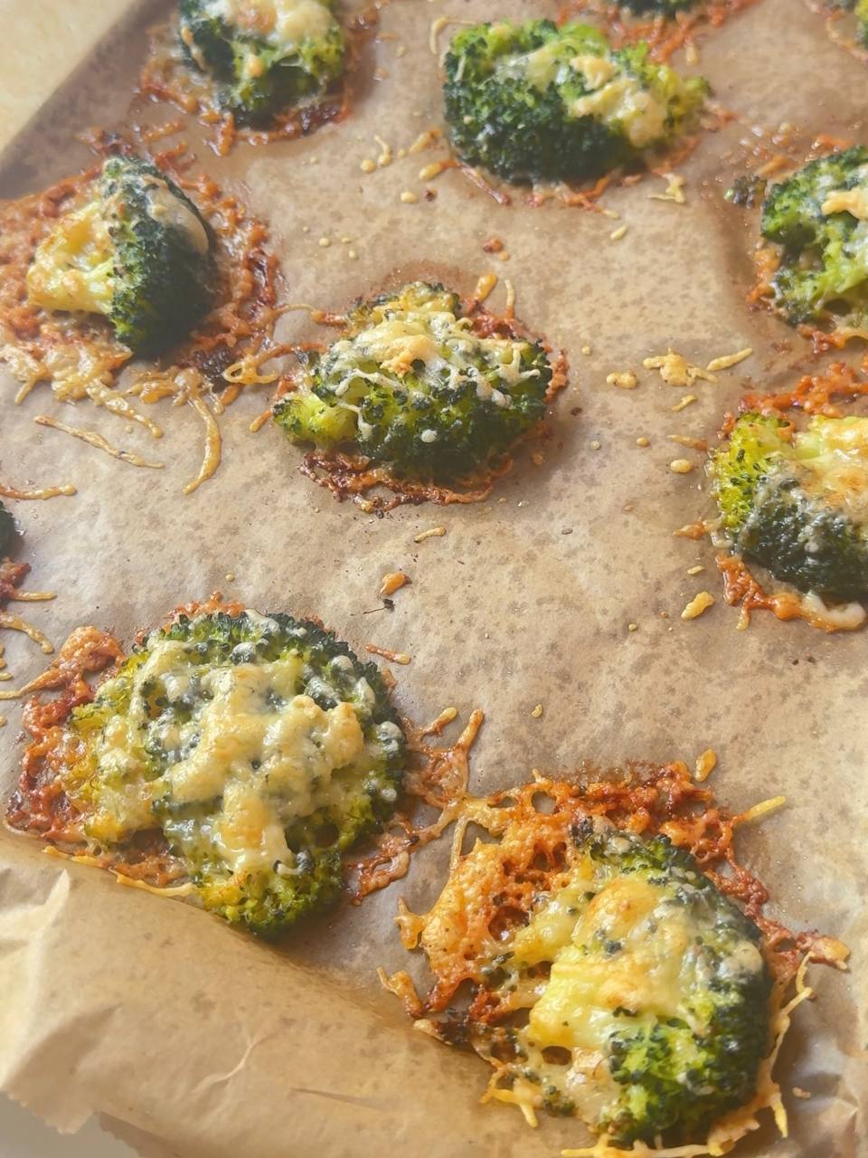 Crispy garlic Parmesan broccoli with golden cheese edges fresh from the oven.